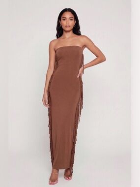 SHEIN Brown Strapless Fringe Column Maxi Dress